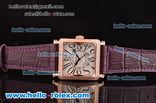 Franck Muller Master Square Swiss Quartz Rose Gold Case with Diamond bezel and Purple Leather Strap - Click Image to Close